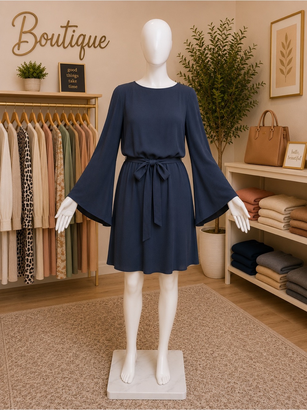 H&M Navy Tie-Waist Bell Sleeve Dress